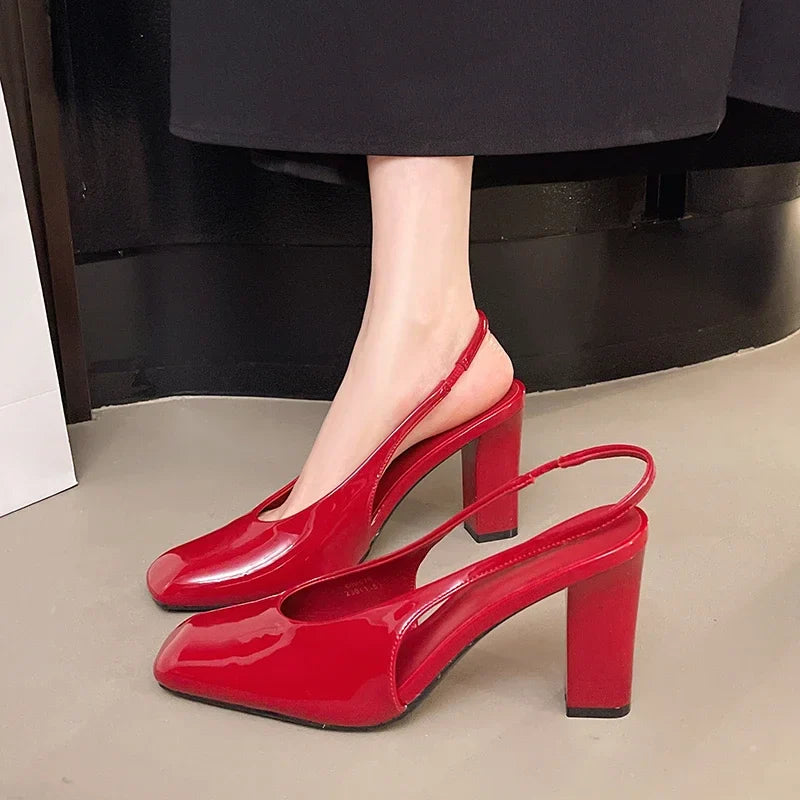 Patent leather high heels square toe open-heeled elegant party large size