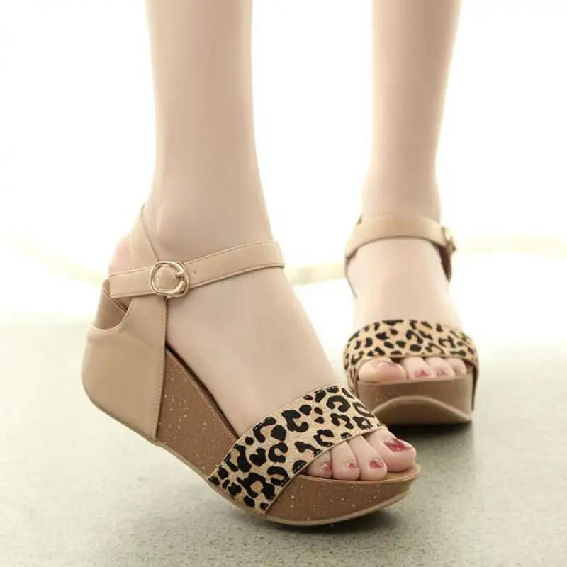 Genuine Horsehair High-heeled Thick-soled Leopard-print Roman Slope-heeled Sandals 32 33 Small Size Shoes