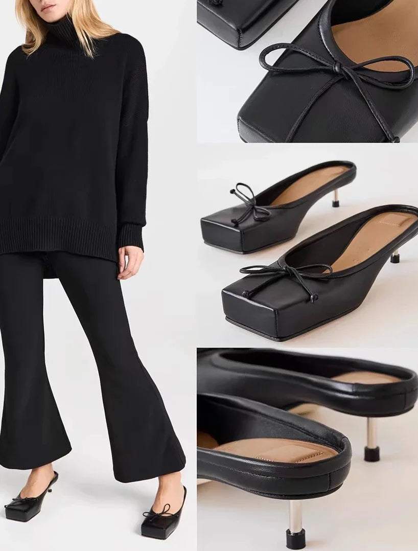 Brand Mule Pumps Slippers Bow Square Toe Party Red Elegant High Heels Sandals