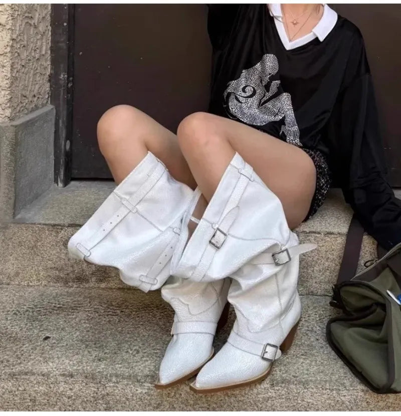 Vintage Pleated Belt Buckle Faux Suede Knee High Boots High heels Western Cowboy Knight Boots Shoes