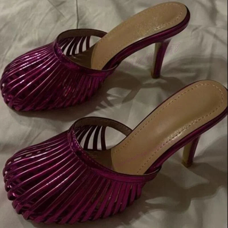 Silver Round Toe Slippers Cut Heels Patent Leather Shoes