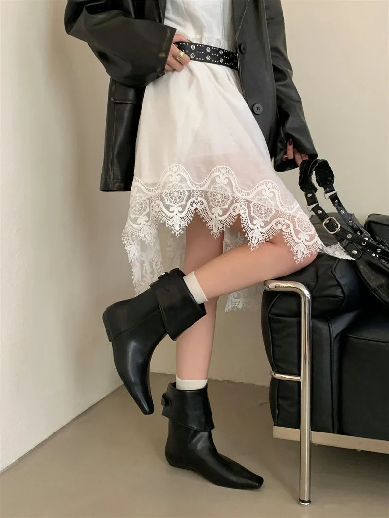 Black Boots Round Toe Chunky Heels Fall Shoes Belt Buckle Cowboy Boots