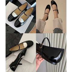 Shiny PU Leaather Flats Mary Janes Shoes Red Elegant Basic Pointed Toe Loafers Daily Casual Black Shoes