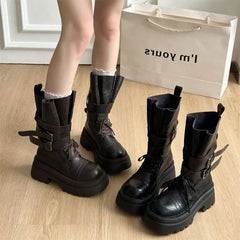 Mid Calf Boots Flats Platform Shoes Lace Up Woman Buckle Chelsea Boots Sport Walking Shoes