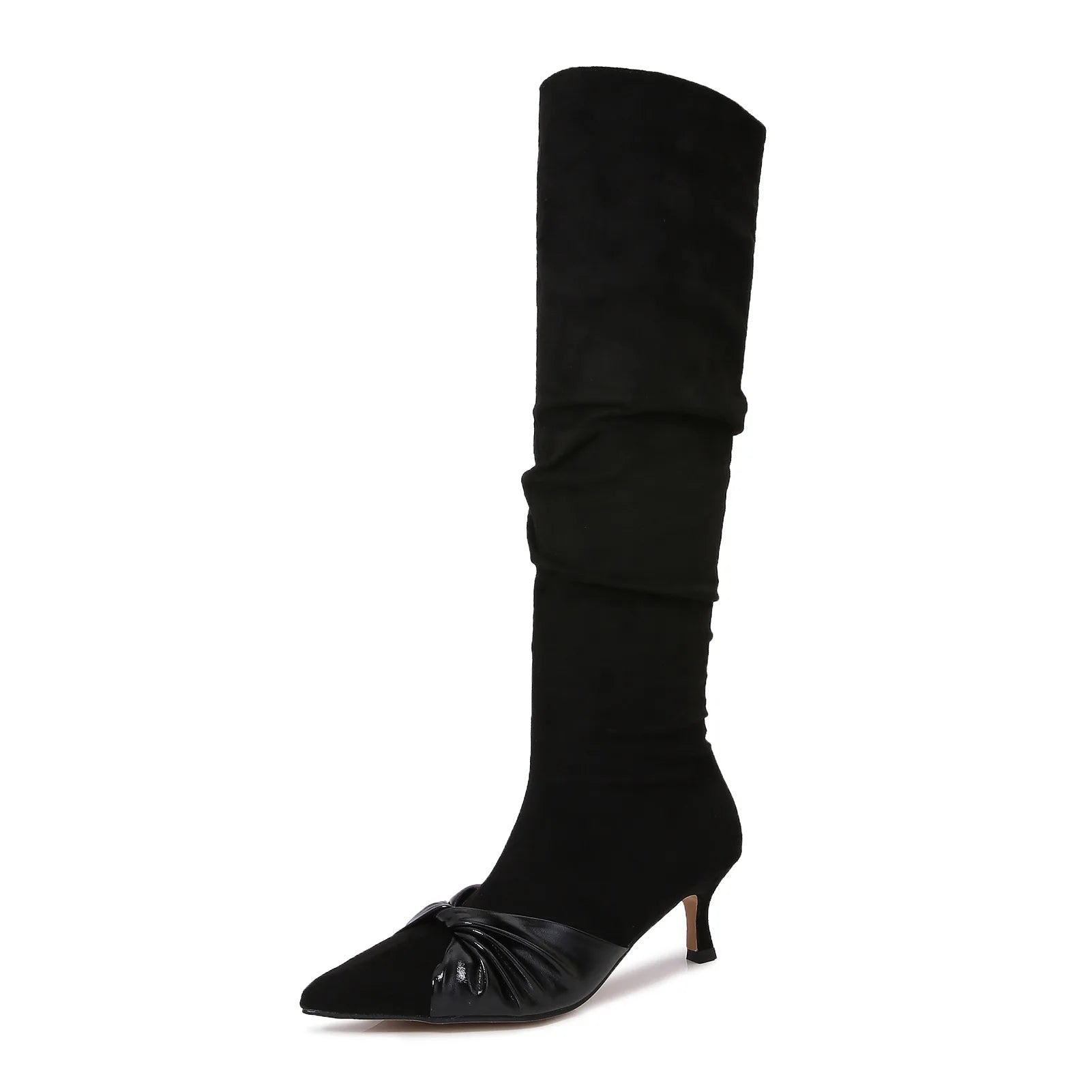 High Heels long boots shoes pointed toe leather bowknot flock knee high botas mujer 41-43 big size booties