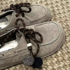 Round Toe Loafers Cow Suede Lace Up Flat Shoes Casual Versatile Doudou Shoes Soft Soled Lady Shoes