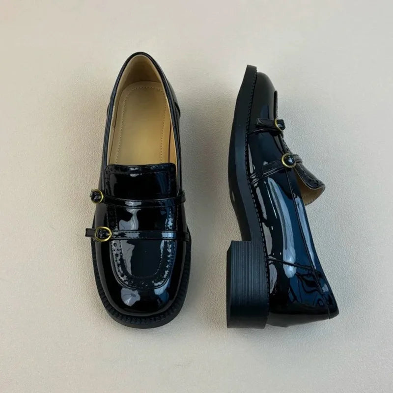 High Quality Patent Leather Loafers Double Narrow Band Buckle Shoes Retro British Style Zapatos De Mujer