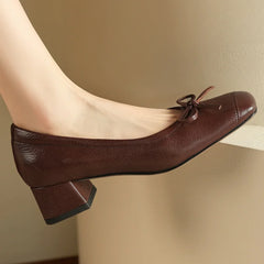 Plus size 34-41 sheepskin slip-on pumps 4cm thick low heel sweet bowtie elegant high quality soft comfort shoes