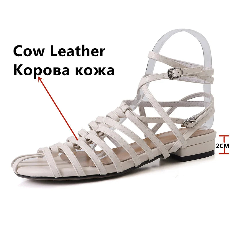 Design Rome Style Low Heels Narrow Band Casual Party Shoes Woman Genuine Leather Quality