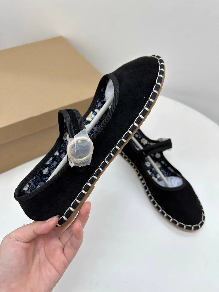 Floral Print Insole Velvet Flats Shoes Hand Stitching Elegant Mary Jeans Shoes Round Toe Ballets Flats Footwear
