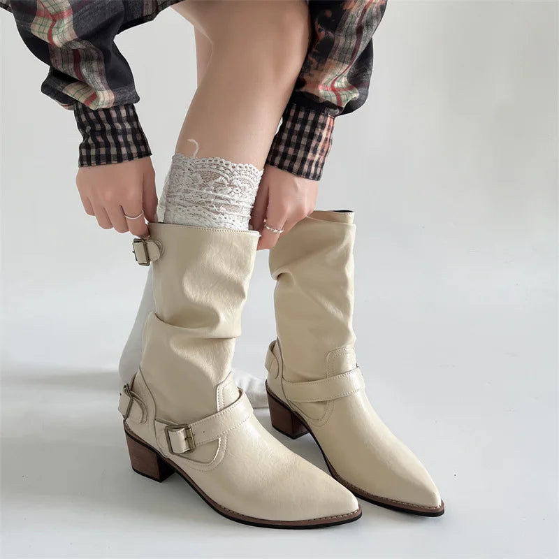 Western Cowboy Boots Vintage Slip On Thick Heel Shoes Mid Calf Botas Zapatos De Mujer