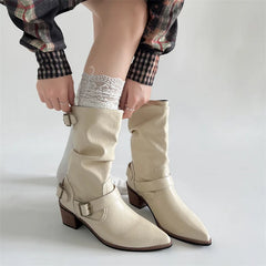 Western Cowboy Boots Vintage Slip On Thick Heel Shoes Mid Calf Botas Zapatos De Mujer