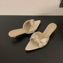 Butterfly-Knot Heeled Slippers Shoes Pointed Toe Low Heel Slippers Pumps