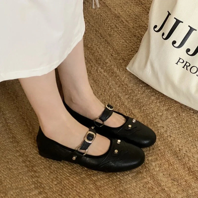 Rivet Decoration Mary Jane Shoes Retro Square Toe Comfort Soft Sole Ballet Flats Belt Buckle Shallow Shoe