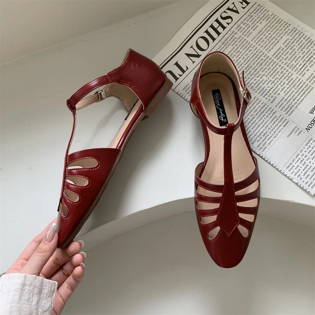 T-strap Rome Flat Sandals Hollow Out Vintage Mary Janes Shoes Pu Leather Holiday Elegant Gladiator Sandals