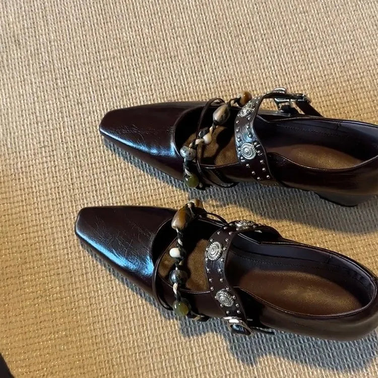 Genuine Leather Flat Shoes Square Toe Mary Jane Style Shoes Bead Decoration Comfortable Loafers Shoes