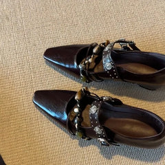Genuine Leather Flat Shoes Square Toe Mary Jane Style Shoes Bead Decoration Comfortable Loafers Shoes