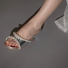 Pearls Edge Open Toe Sandals Block Heels Back Straps Shallow Sandal Dress Party Casual Rubber Sole Shoes