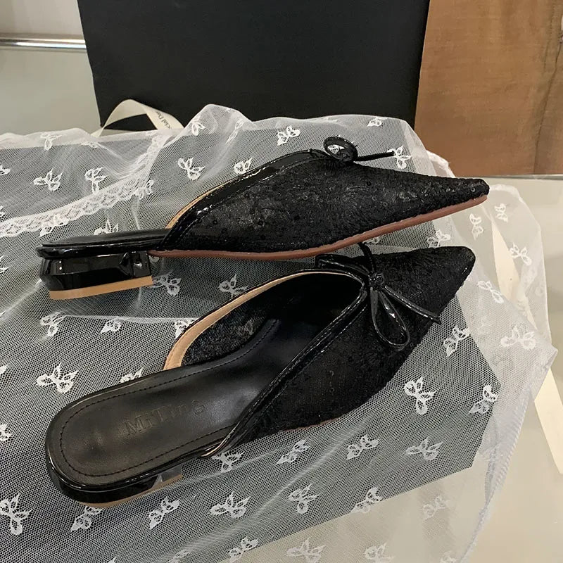 Butterfly-Knot Mesh Flats Slippers Mules Shoes Slides Pointed Toe Flats Sandals Shoes