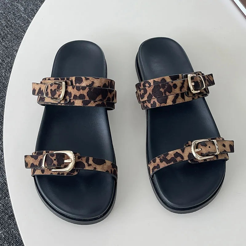 Big Size Footwear Leopard print Slippers Slides Shoes Beach Metal Buckle Flat Sandals Shoes