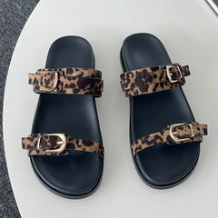 Big Size Footwear Leopard print Slippers Slides Shoes Beach Metal Buckle Flat Sandals Shoes