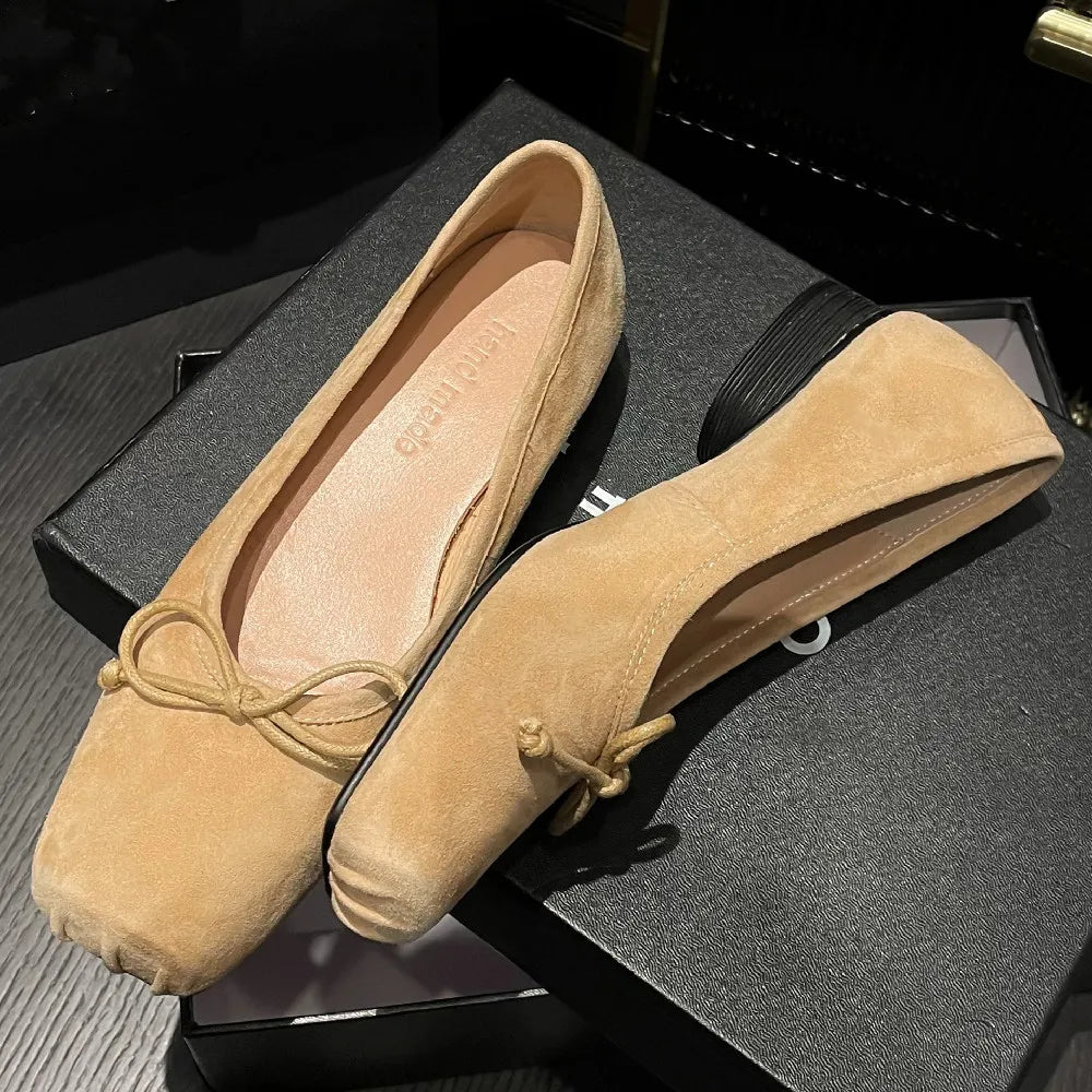 natural suede leather square toe slip-on ballet flats sweet bowtie casual ballerians soft comfort shoes