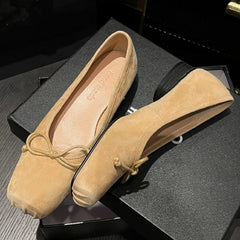 natural suede leather square toe slip-on ballet flats sweet bowtie casual ballerians soft comfort shoes