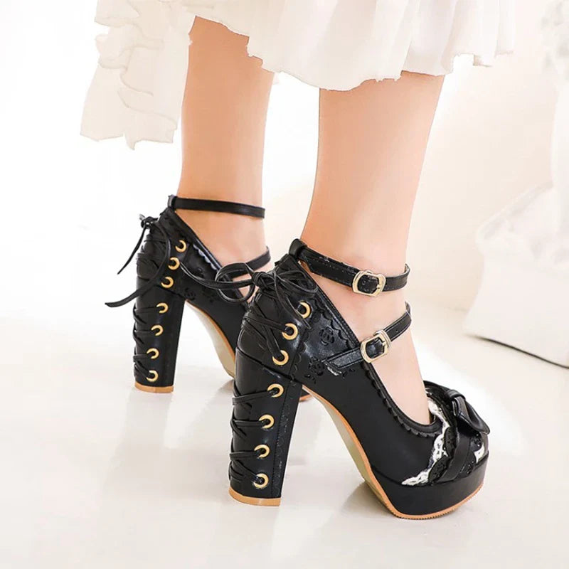2.5 Platform Cute Bow Lace Princess Lolita Shoes Party 10cm High Heel Buckle Big size 43