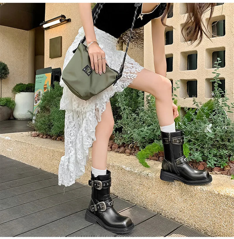 Metal Belt Buckle Motorcycle Boots Rivet Patent Leather Platform Wedge High heels Chunky Boots Shoes