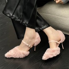 Faux Fur Fluffy Street Style Pointed Toe Thin High Heels Shoes Elegant Party Prom Zapatos De Mujer