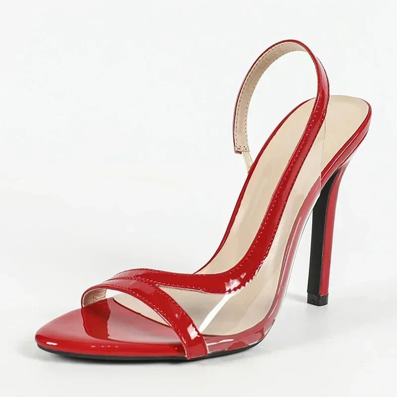 Elegant Shallow Open Toe PVC Transparent Back Strap Sandals Red Thin High Heels Wedding Party Shoes Zapatos Mujer