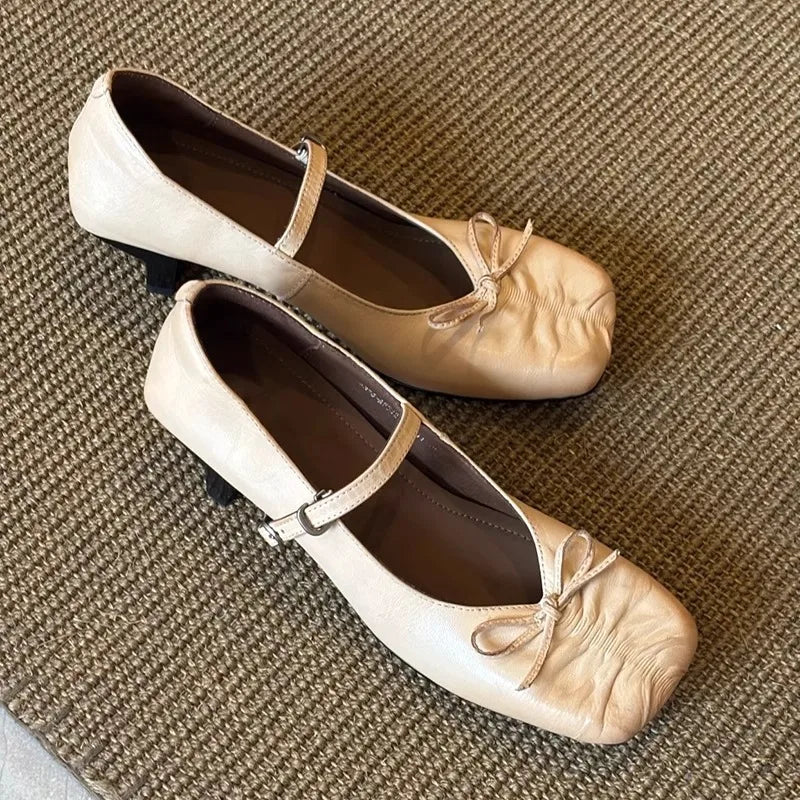 Pleated Square Toe Chunky Heel Mary Jane Shoes Bowknot Design Elegant Heels