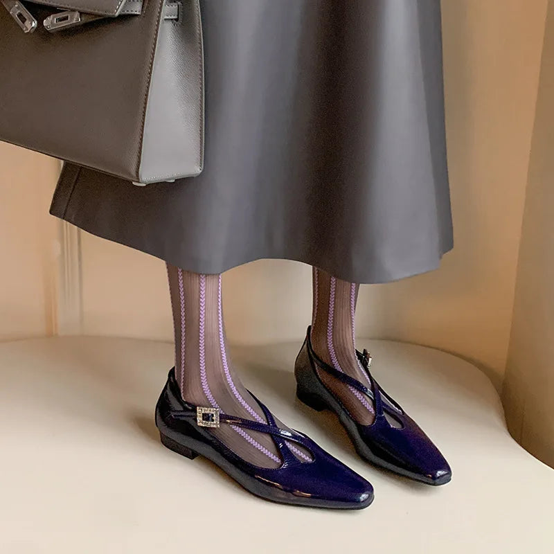 Retro Round Toe Cross Water Diamond With Casual Coarse Heel Mary Jane Shoes French Single Shoes