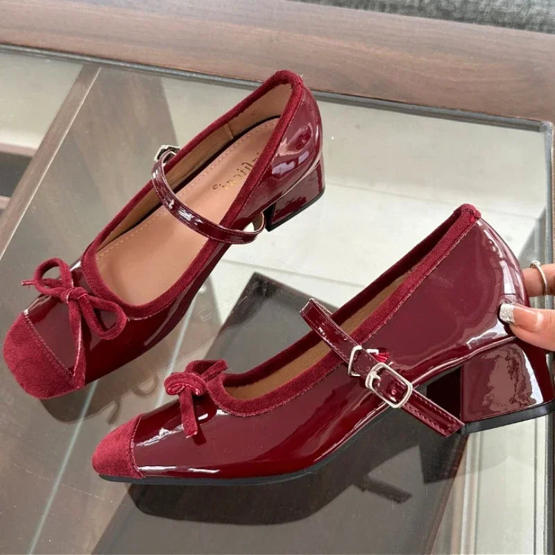 Chunky Mary Jane Shoes Butterfly-knot Elegant Ballet Shoes Retro High Heels Zapatos De Mujer