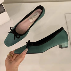 Satin Round Toe Bowknots Flat Shoes Vintage Brand Designe Open Heel Sweet Party Dress Square Heel Loafers