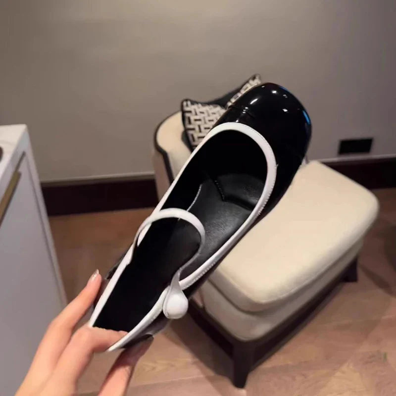 Japanned Leather Mary Janes Woman Color Block High Heels Shoes Belt Buckle Tacones Wedges Chunky Heeled Escarpins Mujer