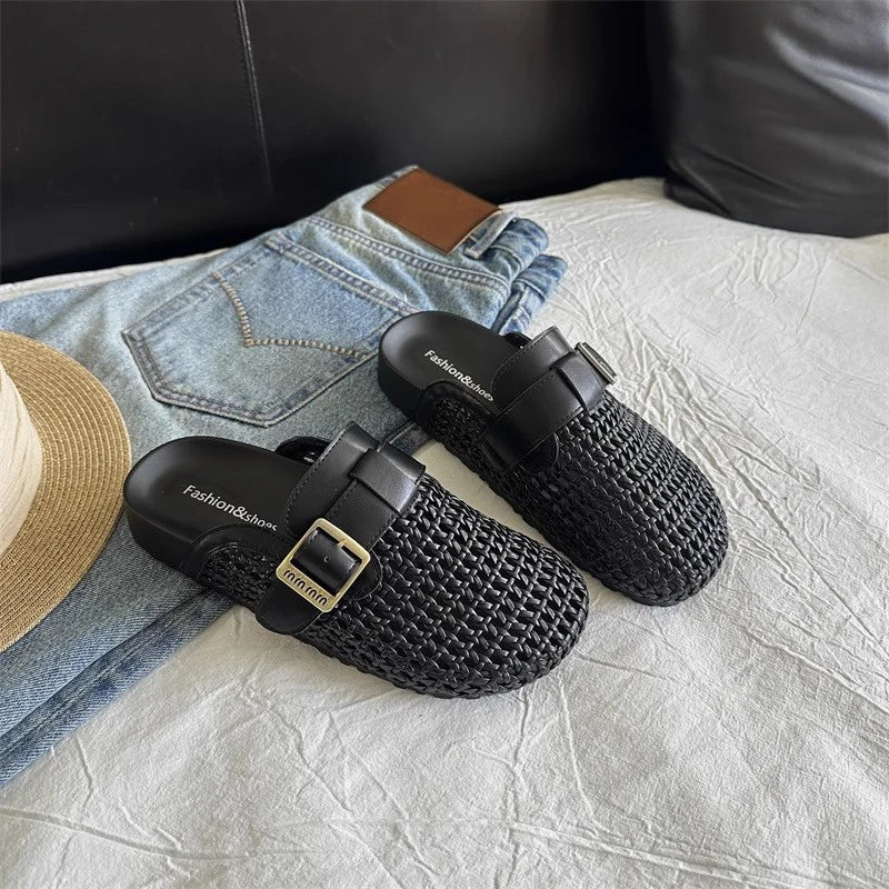 Mesh Platform High Heels Weave Slippers Hollow Sandals Mules Woman Fad Beach Loafers Slides Dress