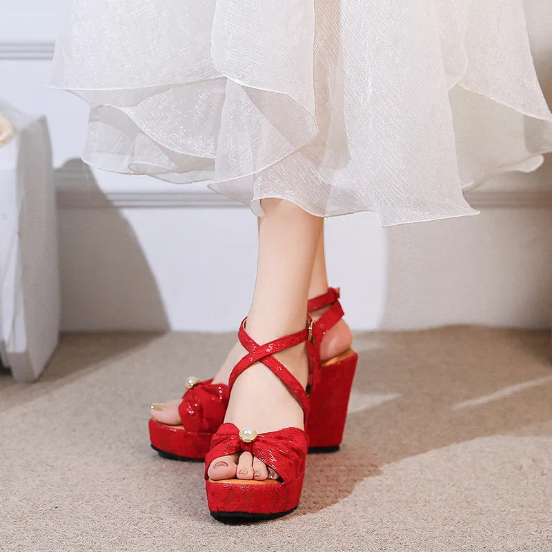 Red High Heel Wedge Shoes Platform Open Toe Heel