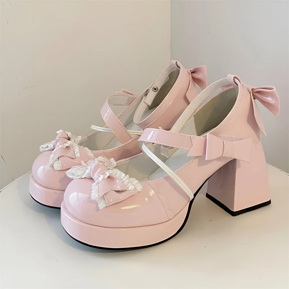 Lolita Bow Bow Decor Pumps Platform Chunky High Heels Ankle Strap Sweet Cute Elegant Pumps