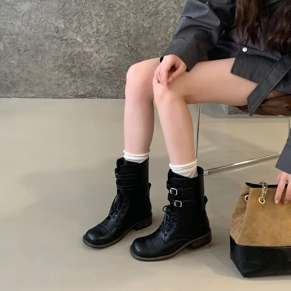 Design Narrow Band Lace-up Knee-High Boots Vintage Round Toe Square Low Heels Shoes