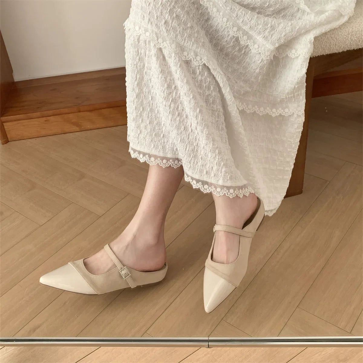 Shoes Woman's Slippers Pointed Toe Slides Silver Cover Flat Scandals Bling Slippers Cover Toe S