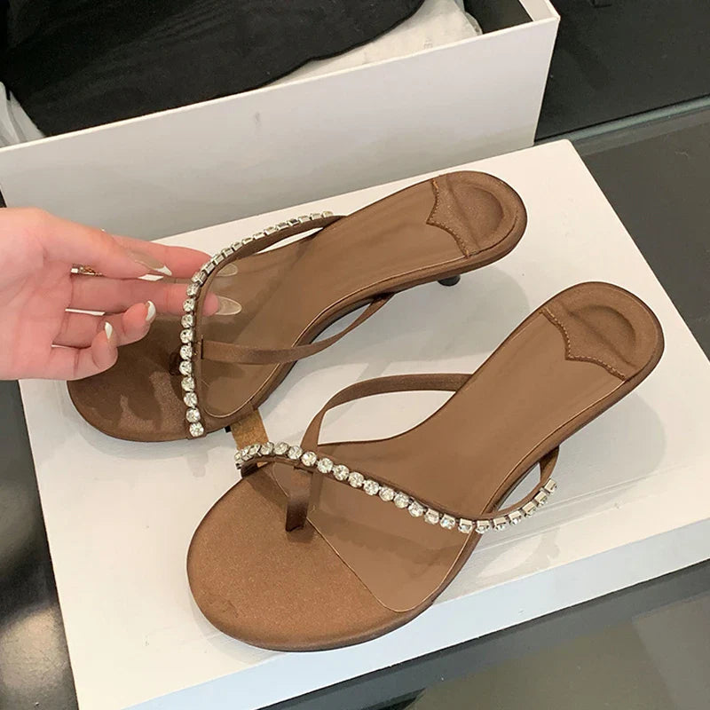 Round Toe Thin Heels Slippers Slides Flip Flops Sandals Rhinestone Pinch Narrow Band Shoes