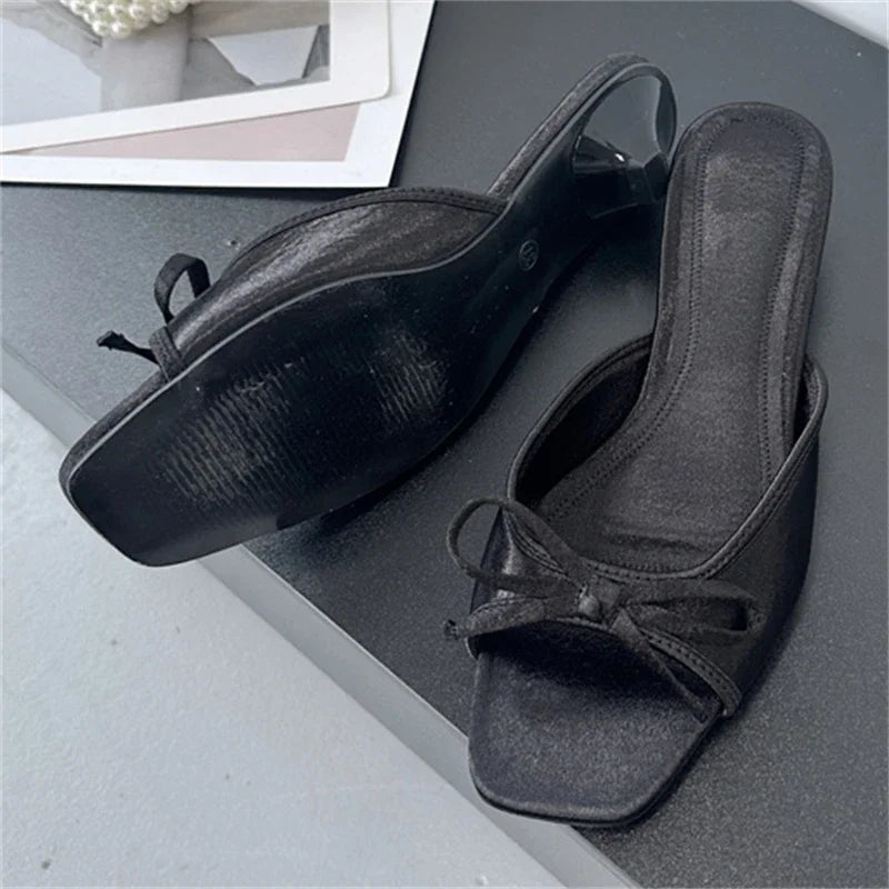 Butterfly-kont Slippers Elegant Square Toe Party Dress Sandals Low Heels Shoes Large Size 43