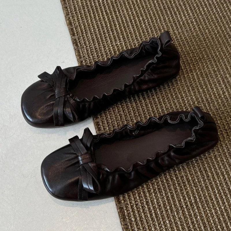 Red Bow Pleated Design Brand Ballet Flat Shoes Retro Round Toe Shallow Mary Jane Shoes Comfortable Moccasin