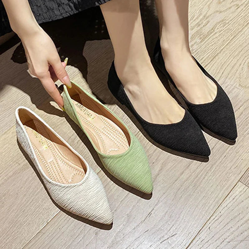 Striped Fabric Ballerinas Woman Soft Bottomed Flats Big Size 42/43 Shoes Pointed Toe Dress Loafers Green Ballets