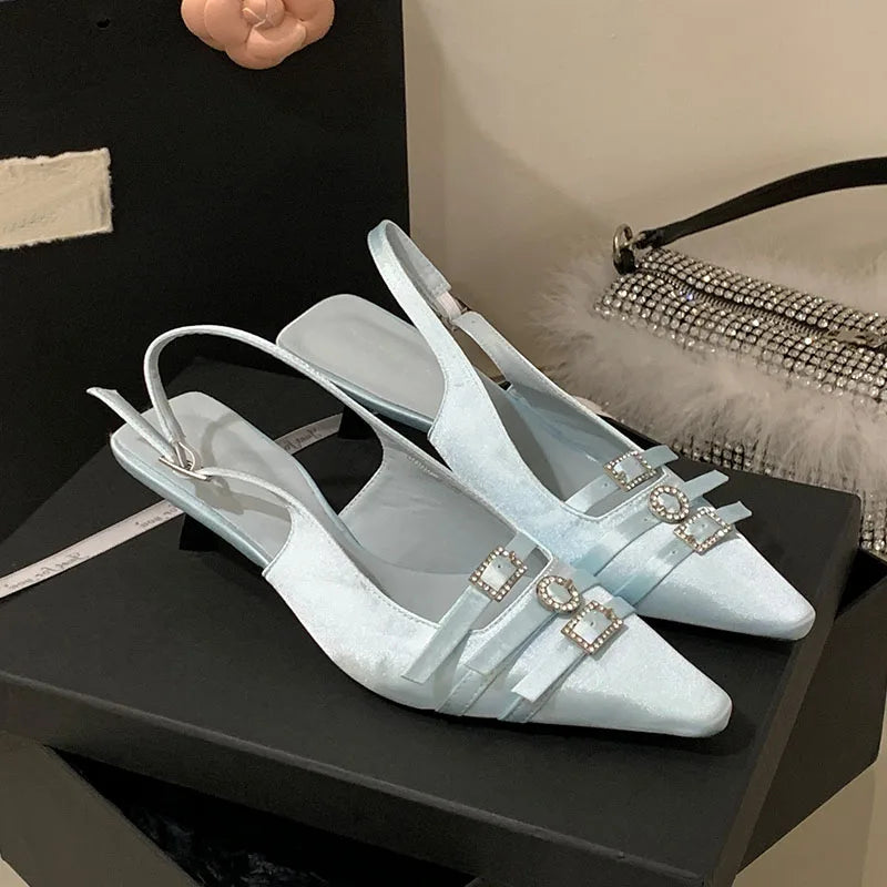 Silk Medium Heels Pumps Shoes Pointed Toe Footwear Shallow Thin Heels Sandals Shoes