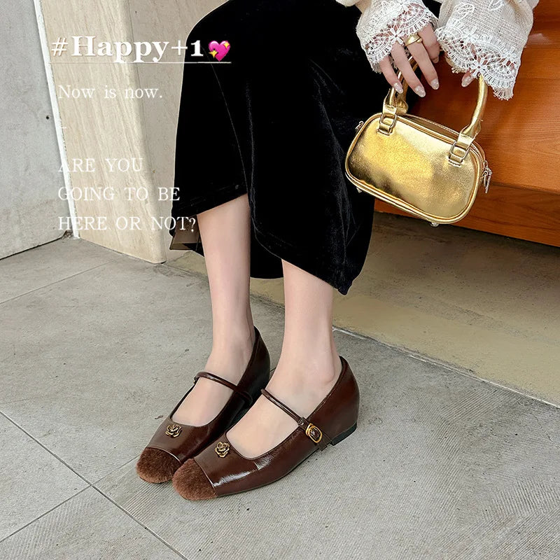 Simple Flower Mary Jane Shoes Round Head One Strap Vintage Metal Buckle Casual Office Square Heel Flat Shoes