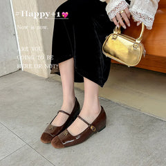 Simple Flower Mary Jane Shoes Round Head One Strap Vintage Metal Buckle Casual Office Square Heel Flat Shoes