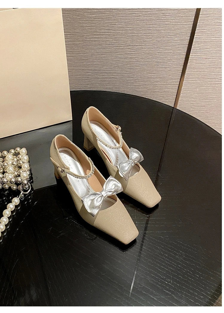 Elegant Bow Decoration Chunky Heel Pumps Rhinestone Ankle Strap Square Toe High Heels Wedding Bride Shoes