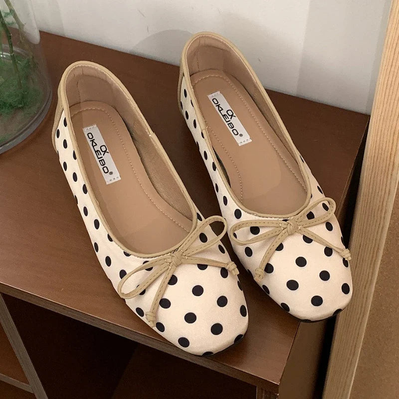 Polka Dot Butterfly-Knot Ballet Flats Round Toe Shallow Comfort Casual Satin Elegant Footwear